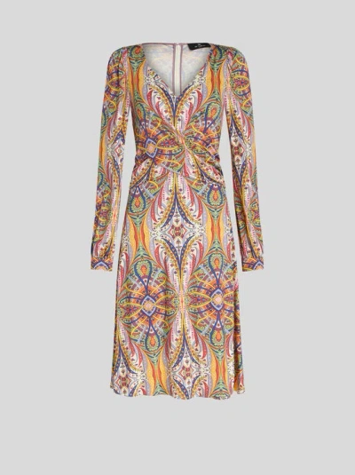 Etro Printed Crossover Front Jersey Dress In Beige
