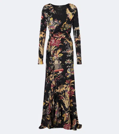 Etro Long Jersey Wrap Dress With Flower And Animal Motif In Multi
