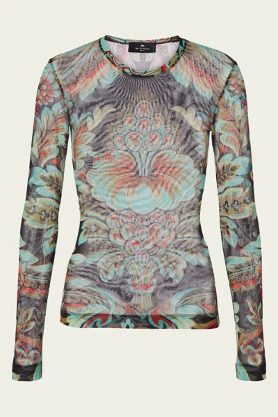 ETRO PRINTED JERSEY TOP IN GREEN MULTI
