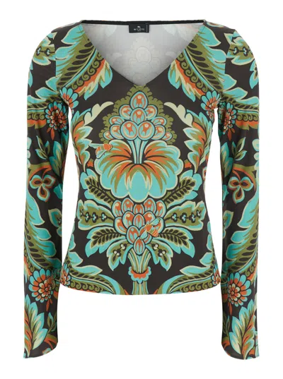 ETRO MULTICOLOR V-NECK TOP WITH ALL-OVER FLORAL PRINT IN VISCOSE BLEND WOMAN