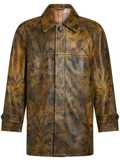 Etro Printed Leather Jacket In Brown