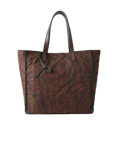 Etro Printed Leather-trimmed Shell Tote Bag In Brown