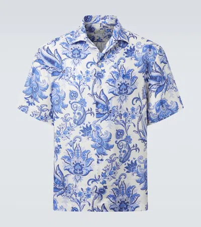 Etro Paisley Linen Bowling Shirt In Blue