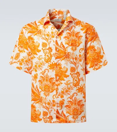 Etro Printed Linen Bowling Shirt In Orange Exclusive