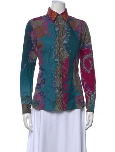 Pre-owned Etro Printed Long Sleeve Button-up Top In Blue