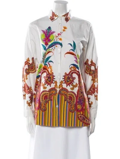 Pre-owned Etro Printed Long Sleeve Button-up Top In White
