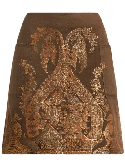 Etro Printed Metallic-effect Mini Skirt In Brown