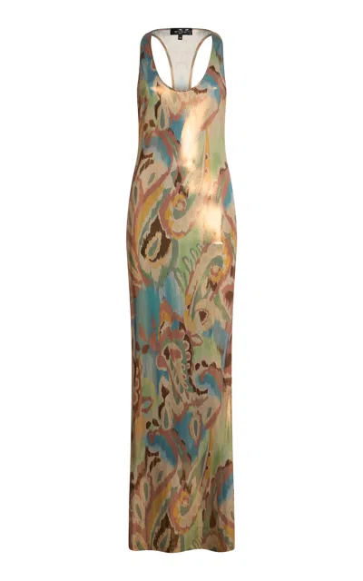 Etro Printed Metallic Maxi Dress In Gold