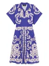 Etro Cotton Dress With Belt And Pleated Skirt In Blue