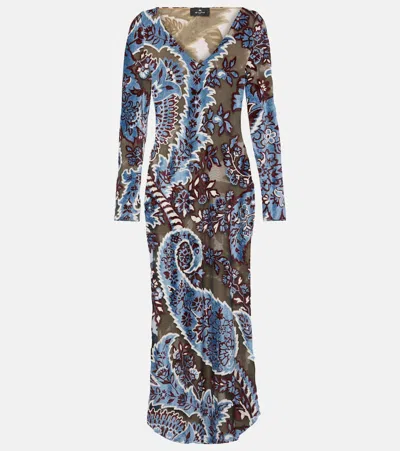 Etro Velvet Jacquard Tulle Dress In Hellblau