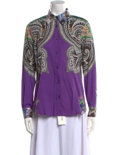 Pre-owned Etro Printed Mock Neck Button-up Top In Purple