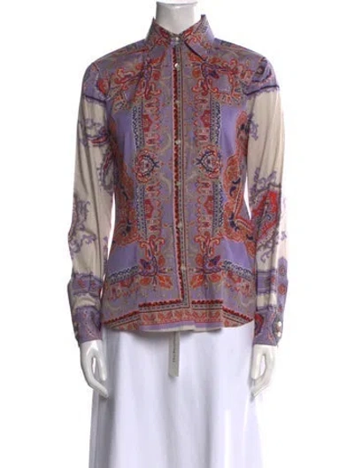Pre-owned Etro Printed Mock Neck Button-up Top In Purple