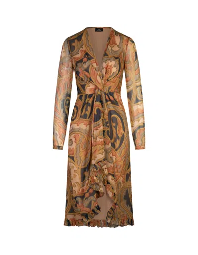 Etro Printed Navy Blue Silk Midi Dress