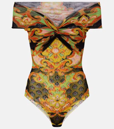 Etro Printed Off-shoulder Bodysuit In Multi
