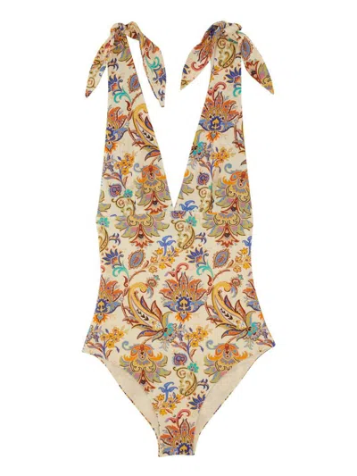 Etro Floral Deep V-neck Swimsuit In Multi