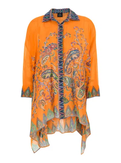Etro Printed Oversize Shirt Orange Oversized Printed Shirt In Ramie Women