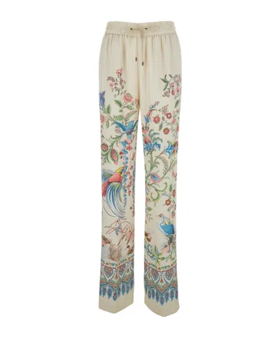 Etro Women White Pants With Elastic Drawstring Waist And All-over Floral Print In Tech Fabric Woman In Multi