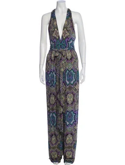 Pre-owned Etro Printed Plunge Neckline Jumpsuit In Green