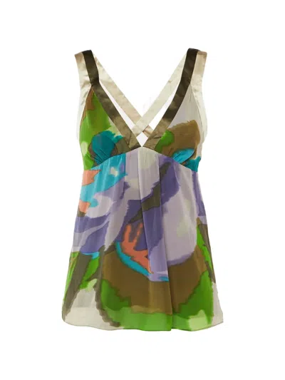 Pre-owned Etro Printed Plunge-neck Top In Green
