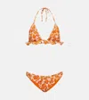 Etro Triangle Bikini With Ruffles And Orange Berries Pattern In Green