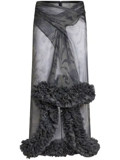 Etro Printed Ruched Midi Skirt In Grau