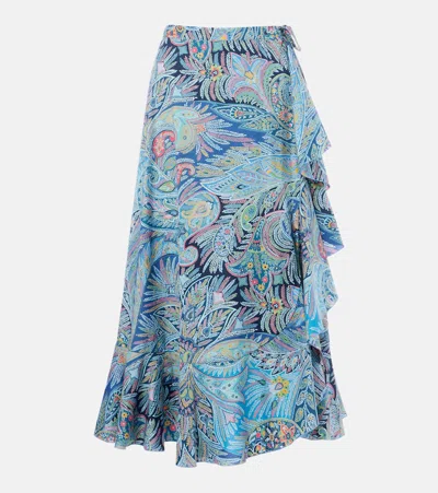 Etro Printed Ruffled Cotton-blend Midi Skirt In Blue