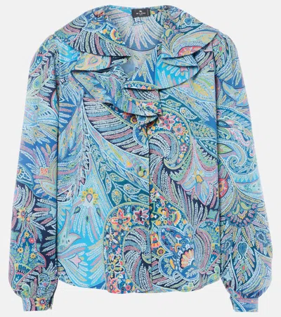 Etro Printed Ruffled Cotton-blend Shirt In Blue