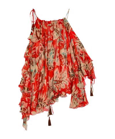 Etro Printed Ruffled Silk Chiffon Top In Red