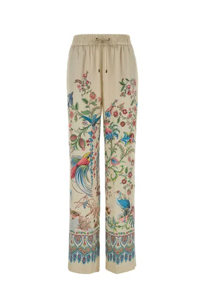 Etro Women White Pants With Elastic Drawstring Waist And All-over Floral Print In Tech Fabric Woman In Multi