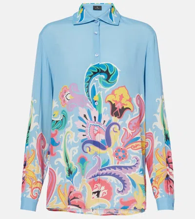 Etro Printed Satin Shirt In Blue