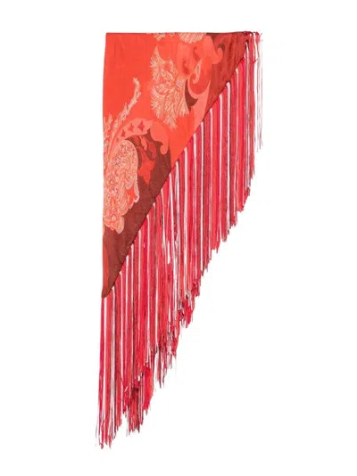 Etro Paisley Scarf Fringe Detail Asymmetrical Cut In Orange