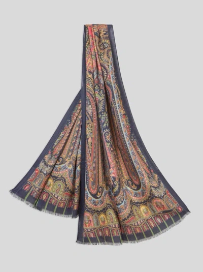 Etro Printed Silk And Cashmere Scarf In Blue