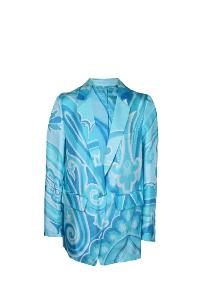 Etro Printed Silk Blazer In Clear Blue