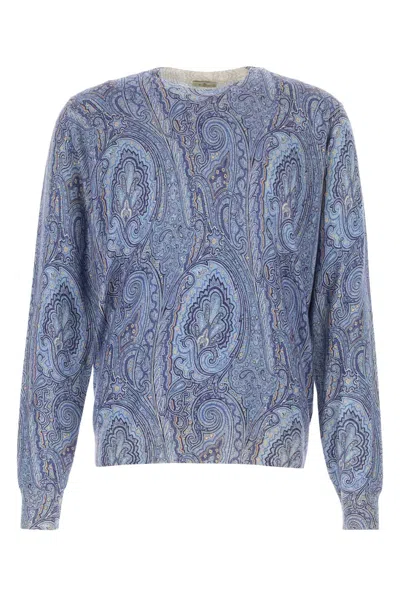 Etro Silk And Cashmere Sweater With Floral Arnica Motif In Blue