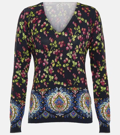 Etro Floral Patterned V-neck Knitted Top In Blue