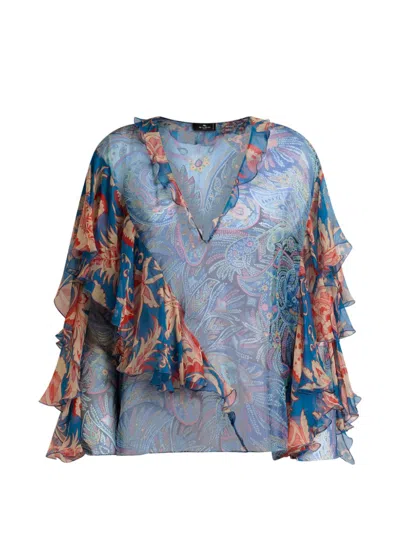 Etro Long-sleeve Silk Shirt With Ruffles And Floral Motif In Multi