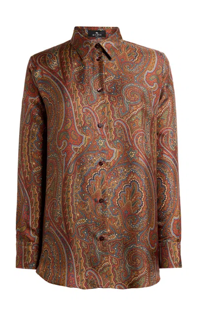 Etro Printed Silk. Button-down Shirt In Burgundy