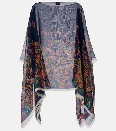 Etro Printed Silk Crêpe De Chine Poncho In Blue