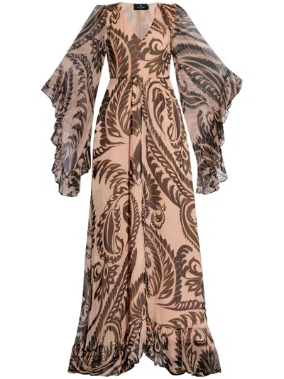 Etro Printed Silk Dress With Ruching In Marrone
