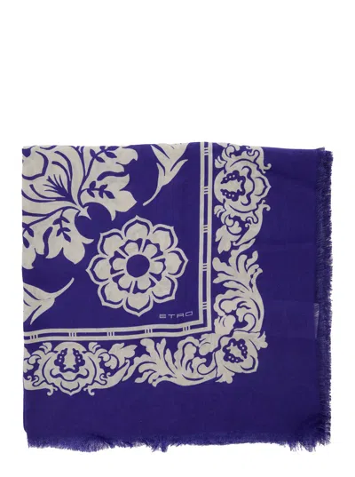 ETRO ETRO BLUE SCARF WITH ALL-OVER FLORAL PRINT AND LETTERING LOGO IN COTTON AND MODAL BLEND WOMAN