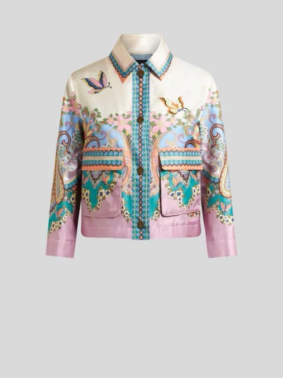 Etro , Printed Silk Jacket, Woman, Pink, Size 48 In Multicolour