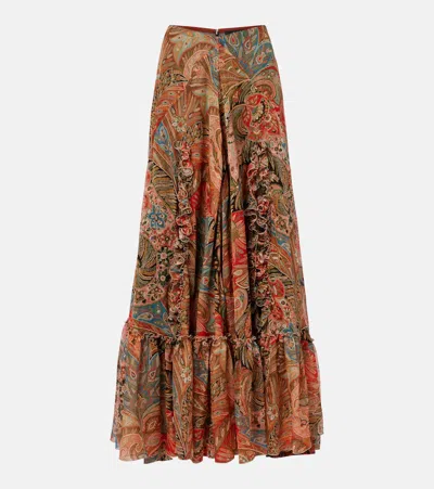 Etro Silk Maxi Skirt With Flounce And Paisley Motif In Brown