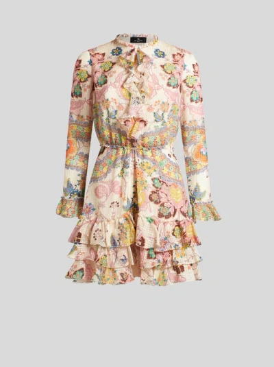 Etro , Printed Silk Mini Dress, Woman, White, Size 40