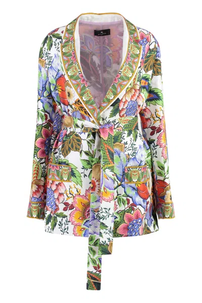 Etro Floral Silk Twill Belted Blazer In Multicolor