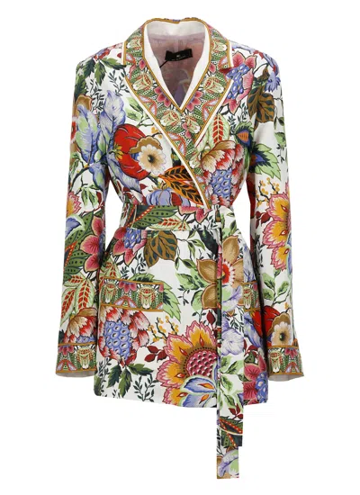 Etro Floral Silk Twill Belted Blazer In Multicolor