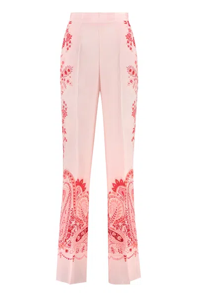 Etro Silk Trousers With Placed Flower Print In Red