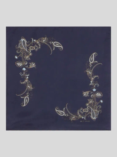 Etro , Printed Silk Pocket Square, Man, Blue