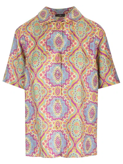 Etro Printed Silk Short Sleeve Bowling Shirt In Multi Lilac