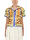 Etro Short Sleeve Collared Cropped Print Top In Multi
