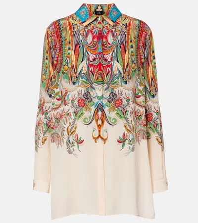 Etro Long Silk Shirt With Placed Paisley Foliage Print In White